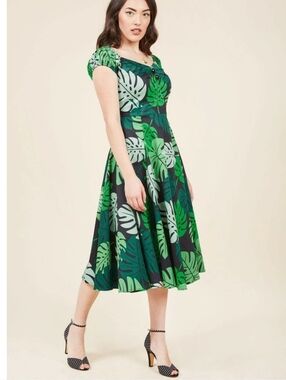 Collectif Teal & Black Printed Dress Palm Leaves Size Medium